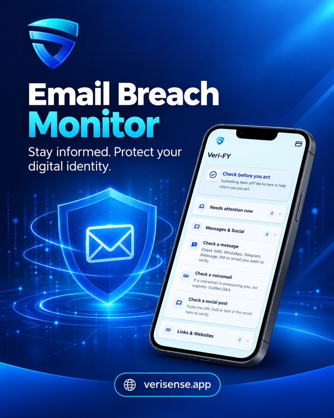 Email Breach Monitor VeriSense App includes a powerful Email Breach Monitor designed to help users stay informed about potential data exposure and account security risks. Visit: https://verisense.app/for-business/ by verisenseapp