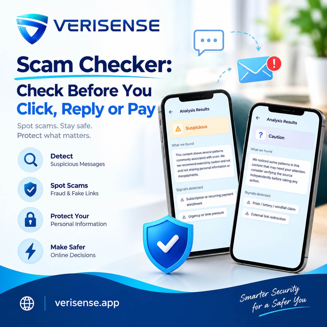 Scam Checker: Check Before You Click, Reply or Pay Use a Scam Checker to assess suspicious messages, links, emails and documents before you act. Discover how VeriSense helps you make safer decisions.	
Visit: https://verisense.app/	 by verisenseapp