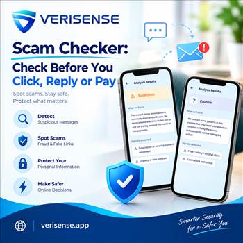 Scam Checker: Check Before You Click, Reply or Pay - Use a Scam Checker to assess suspicious messages, links, emails and documents before you act. Discover how VeriSense helps you make safer decisions.\t\r\nVisit: https://verisense.app/\t