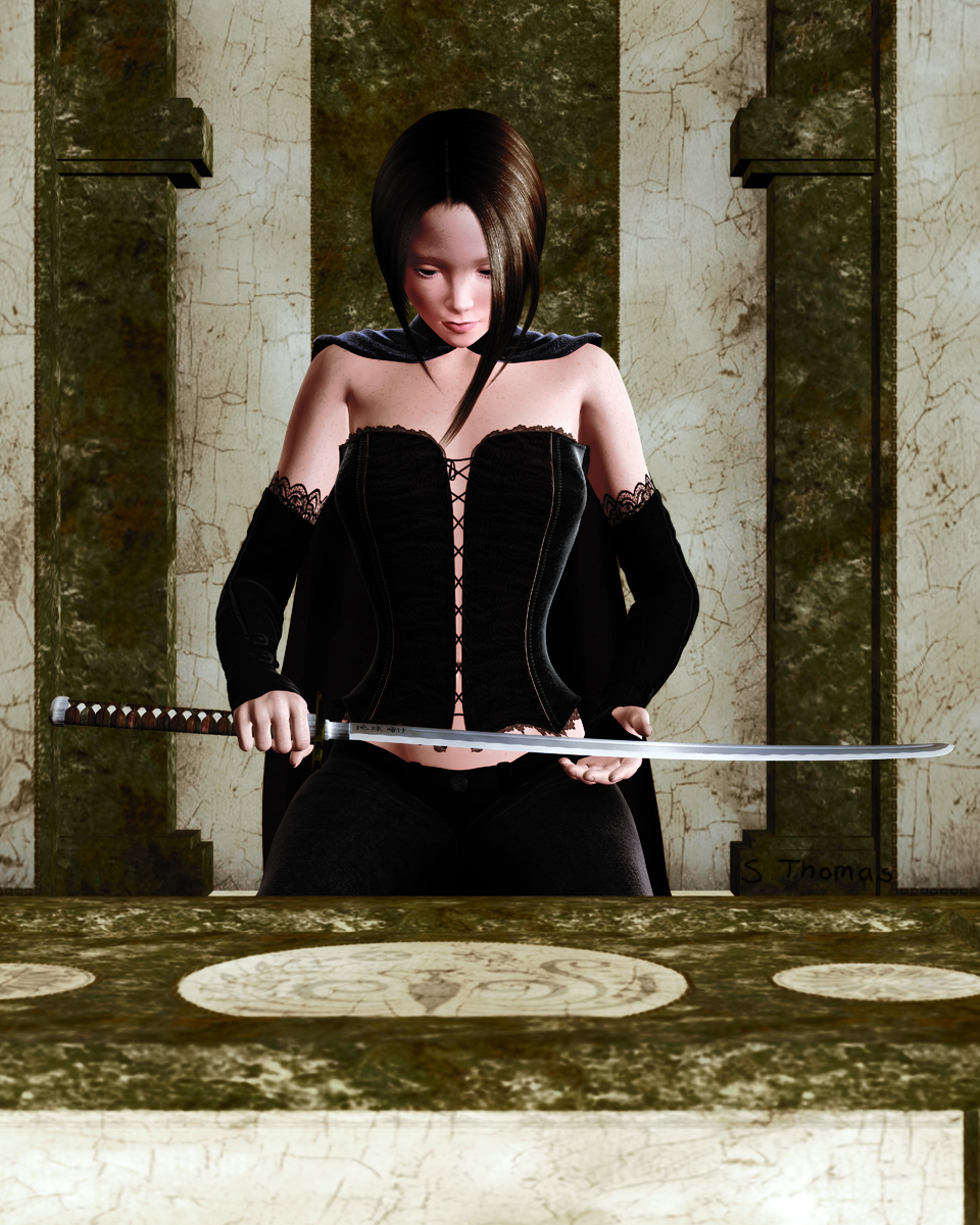 Reverence.jpg A swordswoman showing reverence for the blade that has kept her alive.  by Thomas Art Studio
