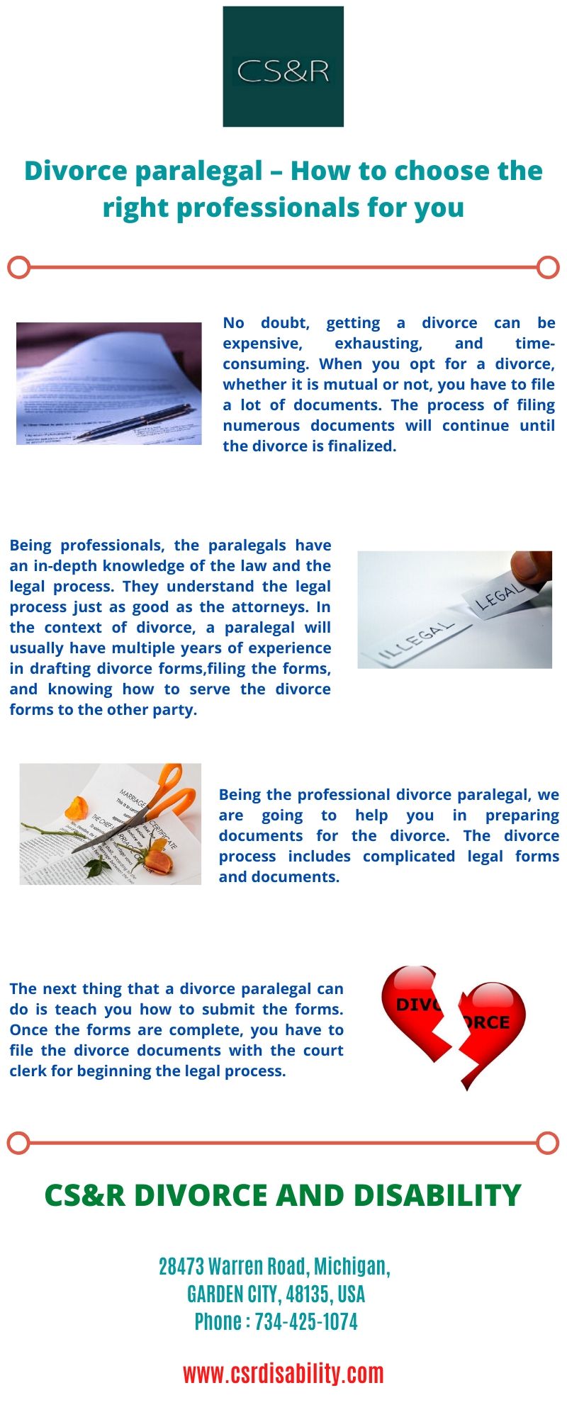 Divorce paralegal – How to choose the right professionals for you Being the professional divorce paralegal, we are going to help you in preparing documents for the divorce. The divorce process includes complicated legal forms and documents. For more details, visit this link: https://www.csrdisability.com/
 by csrdisability
