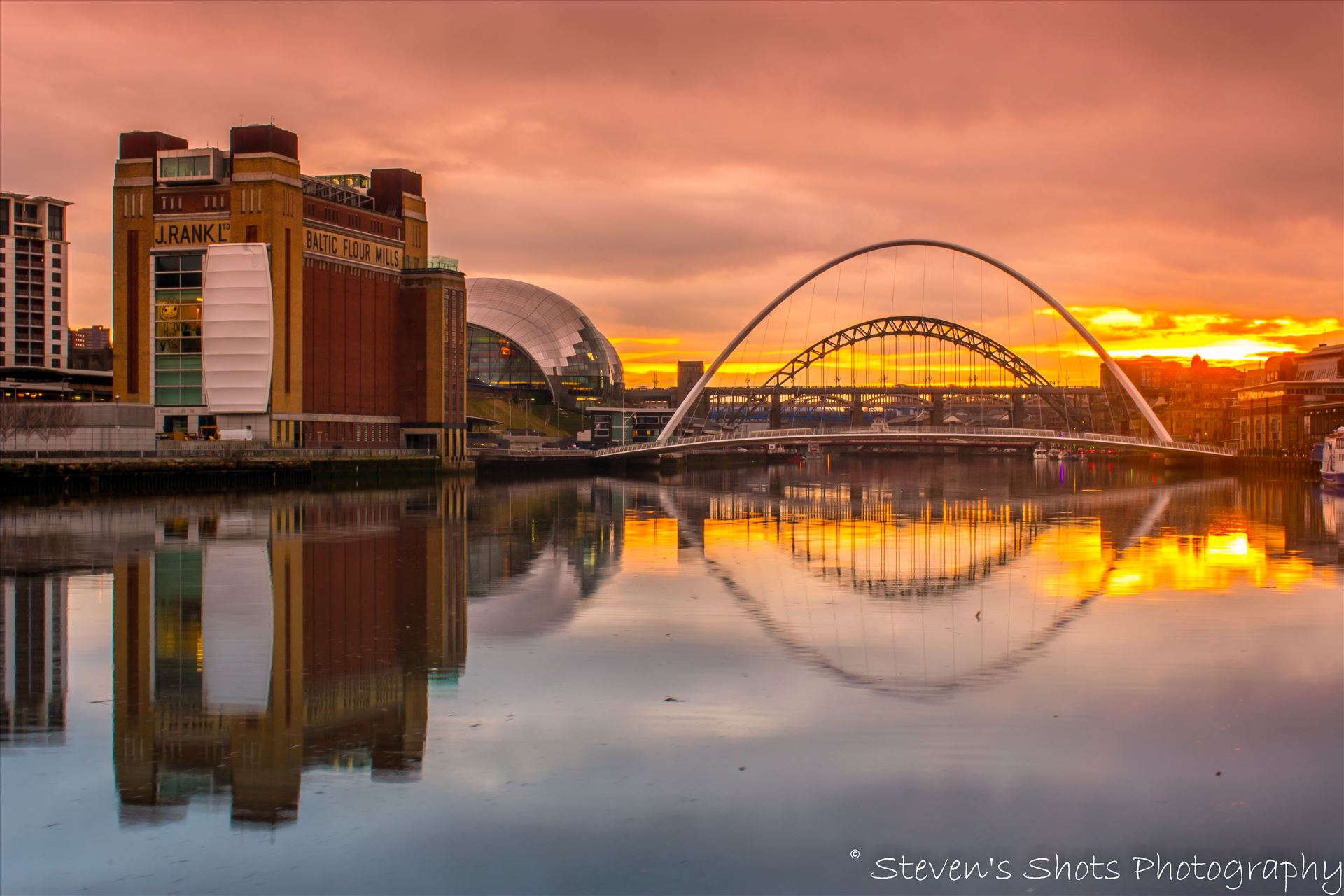 Sunset on the Tyne A sunset on the River Tyne with the Baltic, Sage, Millennium Bridge and Tyne Bridge, also a good reflection in the water. by Steven's Shots Photography