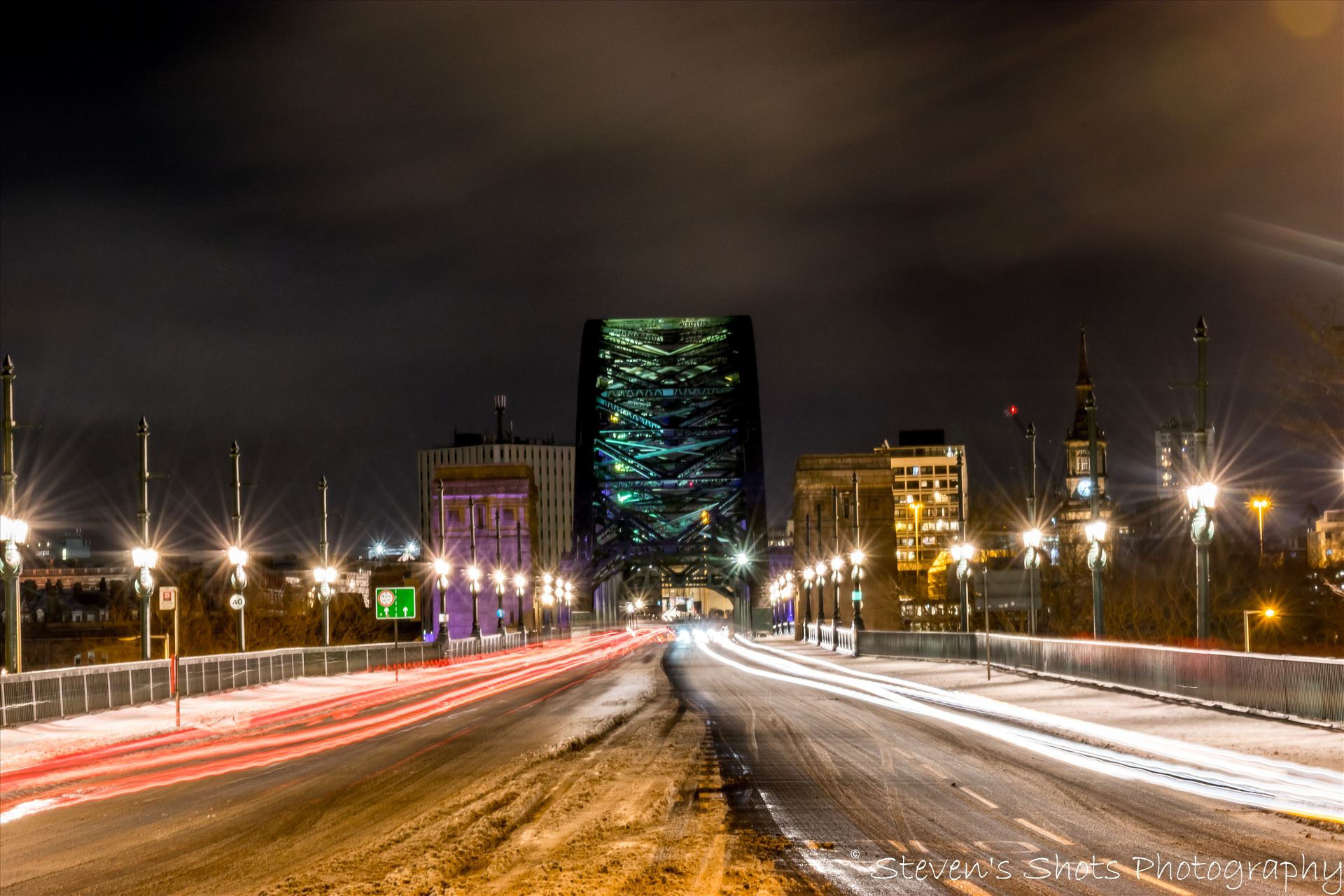 Light trails across a snowy tyne bridge.jpg  by Steven's Shots Photography