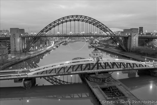 Swing bridge and Tyne bridge in black and white from the high level 6.3 (1).jpg by Steven's Shots Photography