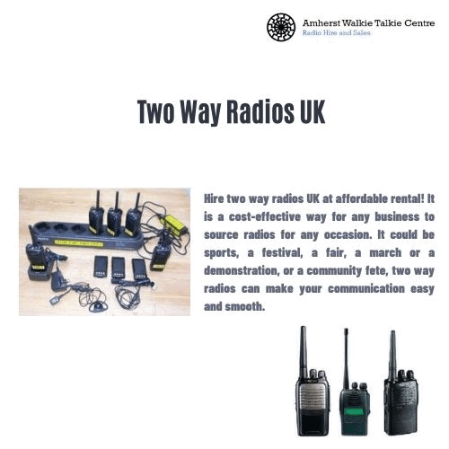 Two Way Radios UK Hire two way radios UK at affordable rental! It is a cost-effective way for any business to source radios for any occasion.  For more details, visit: https://www.walkie-talkie-radio.co.uk/ by walkietalkieradio