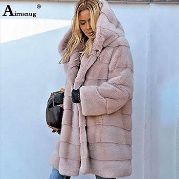 Solid Pink Loose Plush Hooded Faux Fur Winter Jacket by jeffwillow