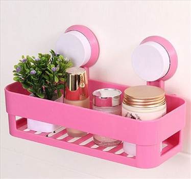 Plastic Bathroom Shelf Kitchen Storage Box Organizer Basket with Wall Mounted Suction Cup Pink.jpg by saysal