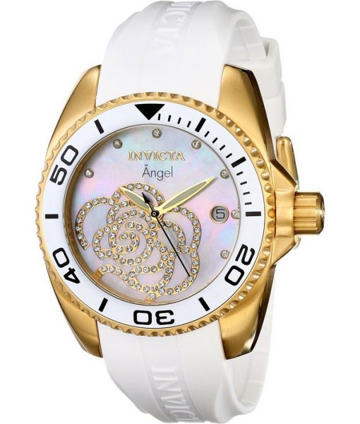Invicta Angel Crystal Accented 0488 Women’s Watch.jpg Features:

Stainless Steel Case,
White Polyurethane Rubber Strap,
Quartz Movement,
Caliber: 2331F,
Flame Fusion Crystal,
Mother of Pearl Dial,
Cubic Zirconia Crystal Studded Rose Design,
Cubic Zirconia Crystal Hour Markers,
Date Display,
Push/P by citywatchesnz