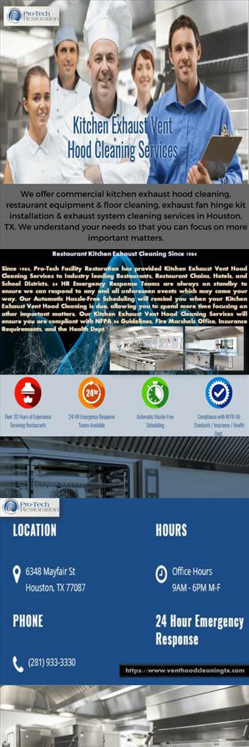 We offer commercial kitchen exhaust hood cleaning, restaurant equipment, exhaust fan hinge kit installation & exhaust system cleaning services in Houston, TX. We understand your needs so that you can focus on more important matters.