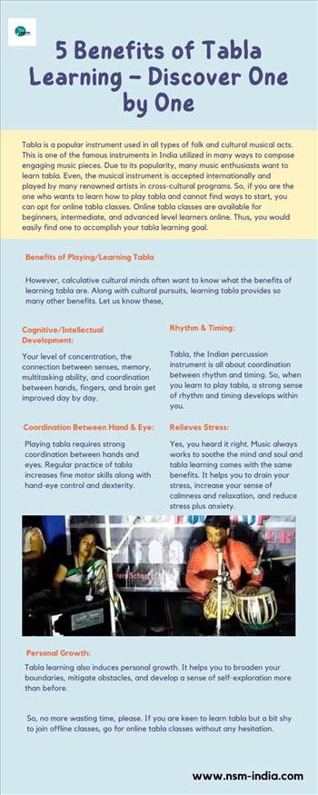Tabla is a popular instrument used in all types of folk and cultural musical acts. For more info tap here : https://www.nsm-india.com/online-tabla-classes