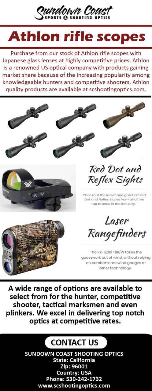 Athlon rifle scopes Purchase from our stock of Athlon rifle scopes with Japanese glass lenses at highly competitive prices.  For more details click on: https://scshootingoptics.com/riflescopes.html by SUNDOWN COAST SHOOTING OPTICS