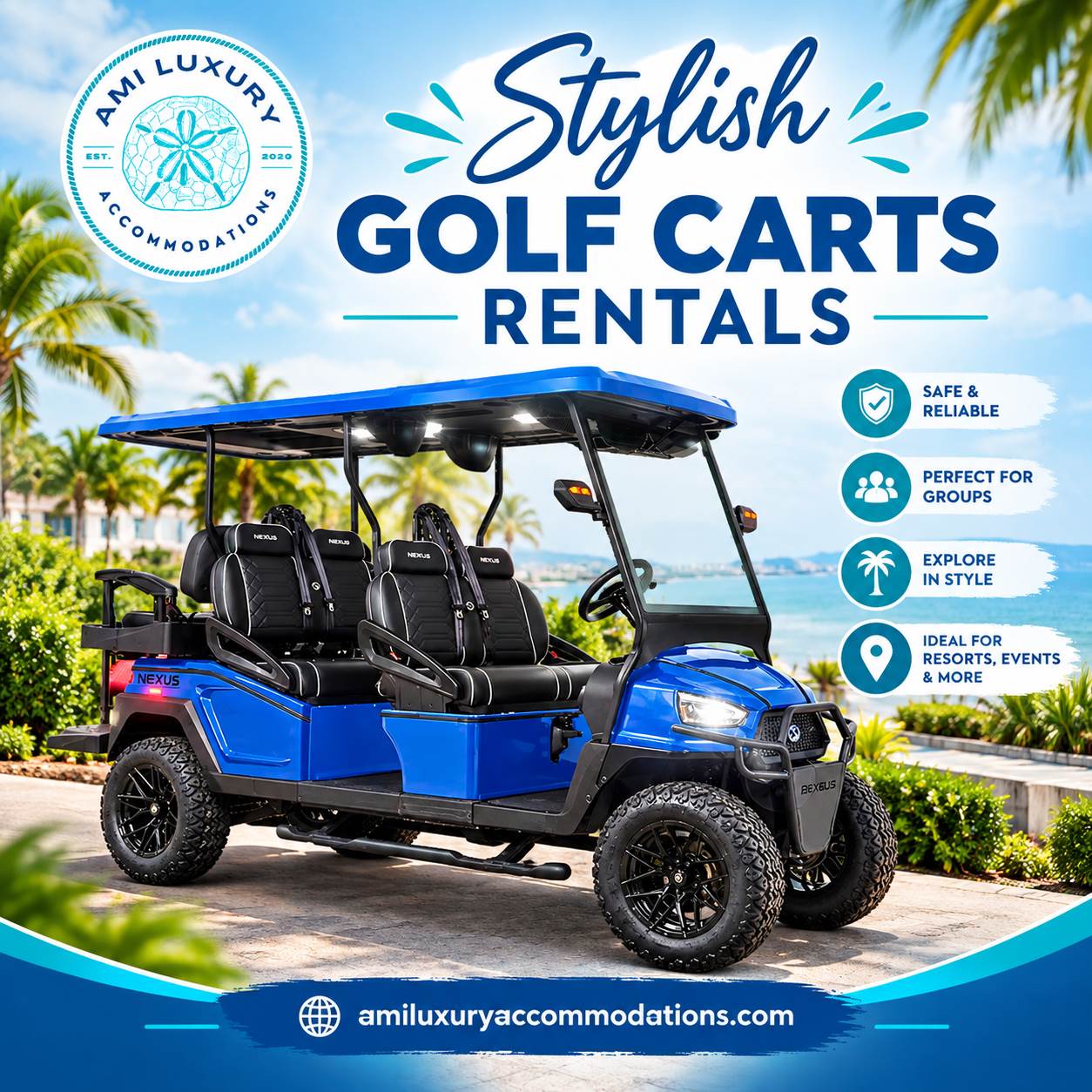 stylish golf carts Rentals.png Six people, beach bags, maybe a cooler and suddenly getting around doesn’t feel so simple. Website: https://amiluxuryaccommodations.com/ami-luxury-golf-carts by amiluxury