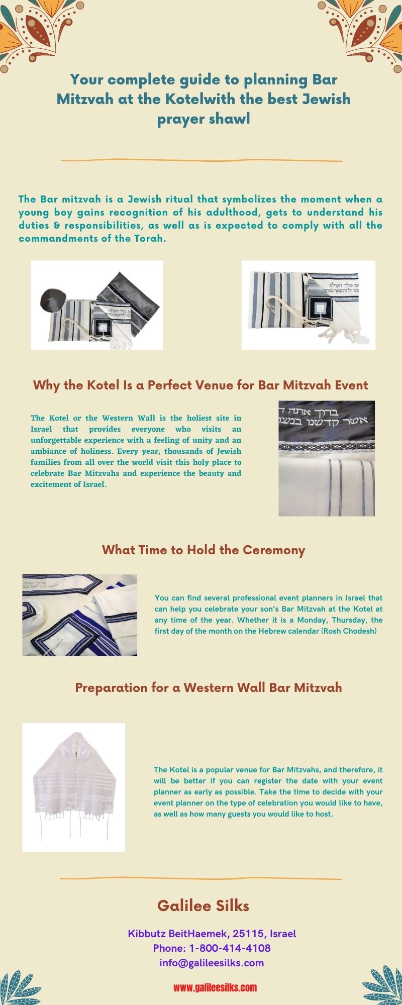 Your complete guide to planning Bar Mitzvah at the Kotel with the best Jewish prayer shawl Galilee Silks offers a vast collection of Jewish prayer shawls at an affordable price to celebrate the Bar Mitzvah event at the Kotel. For more details, visit: https://www.galileesilks.com/collections/classic-tallit-for-men by amramrafi