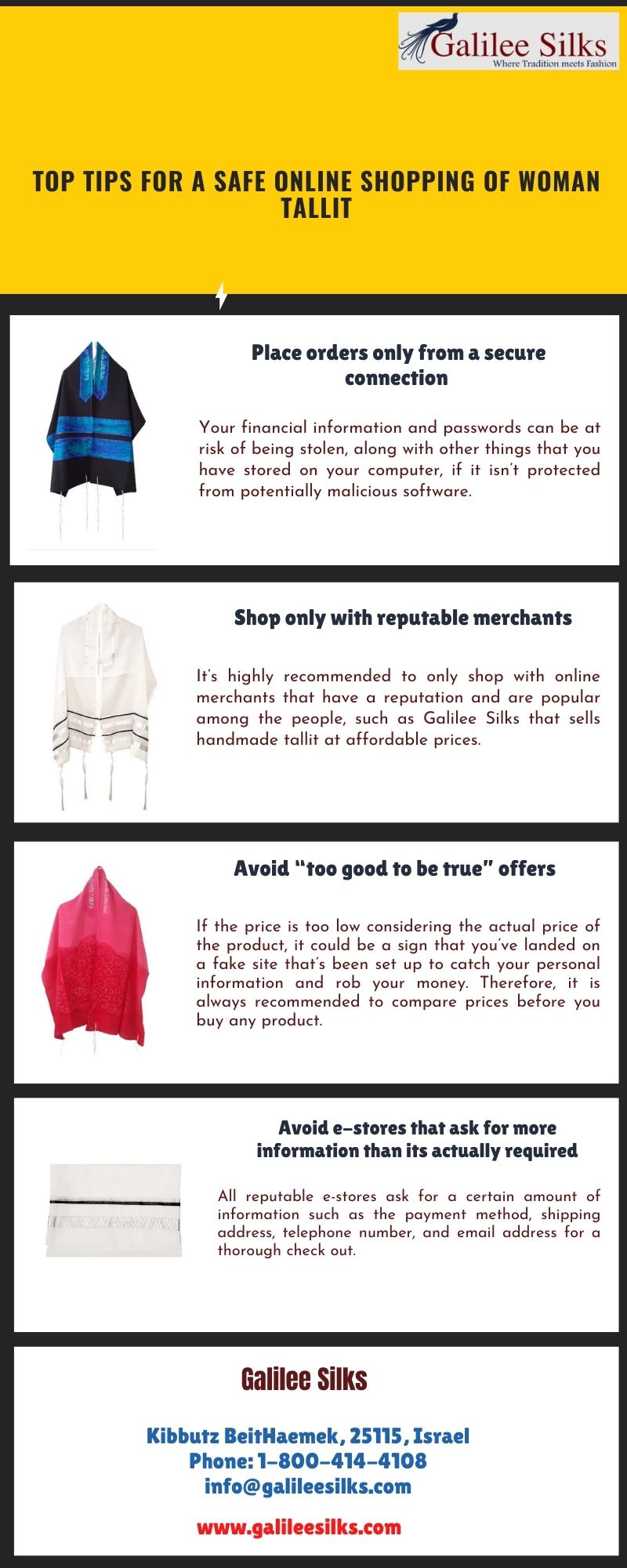 Top tips for a safe online shopping of woman tallit The one-stop online shop for Judaica products, Galilee Silks, is designed to help you find the right woman tallit in your preferred size, color, and pattern. For more details, visit: https://www.galileesilks.com/collections/womens-tallit-1
 by amramrafi