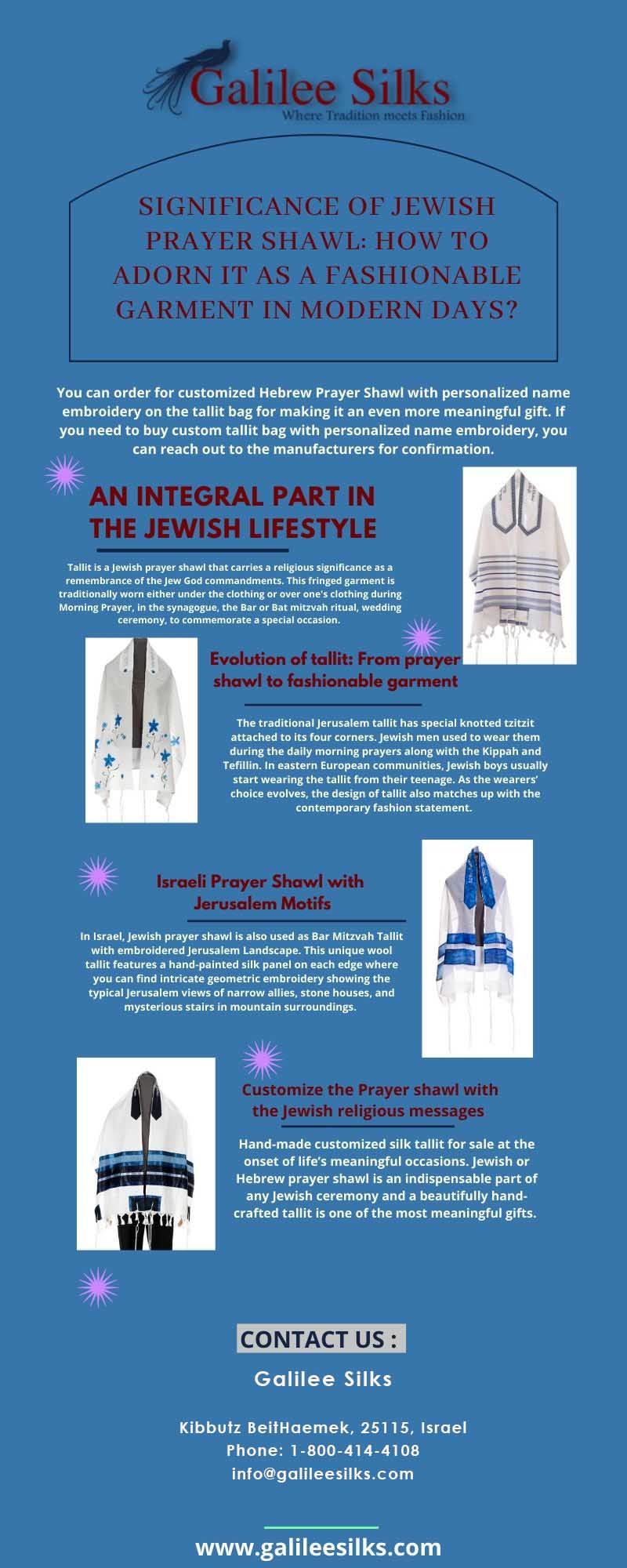 Significance of Jewish Prayer Shawl: How to adorn it as a fashionable garment in modern days? Adorn hand-painted Jewish prayer shawl from a reliable tallit store to follow the Jewish culture. Visit Galilee Silks for the best quality religious tallit. For more details, visit: https://www.galileesilks.com/collections/womens-tallit-1
 by amramrafi