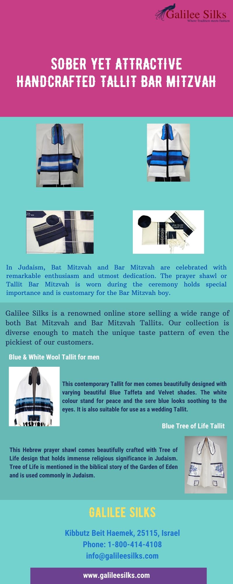 Sober Yet Attractive Handcrafted Tallit Bar Mitzvah Sharpen your knowledge about Bar Mitzvah here. The fine examples of Tallit Bar Mitzvah from Galilee Silks given are worth rolling your eyes on. For more details, visit this link: https://www.galileesilks.com/collections/bar-mitzvah-tallit
 by amramrafi