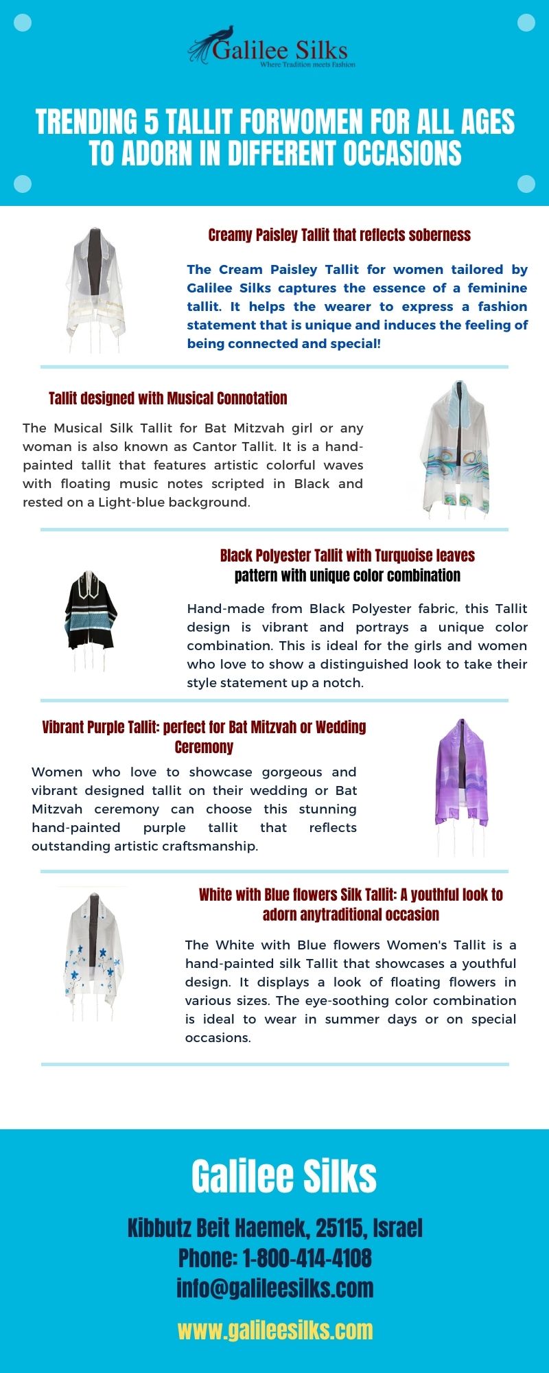 Trending 5 Tallit for Women for all Ages to Adorn in Different Occasions Check out different types of Tallit for Women to feel festive and blessed in any special occasion. Buy women tallit that serves a different taste of the wearers of all ages. Visit Galilee Silks. For more details, visit: https://bit.ly/3qzn4GH
 by amramrafi