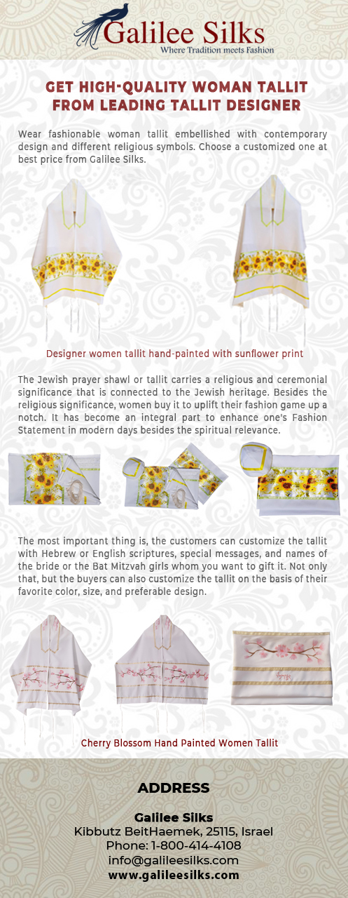 Get high-quality woman tallit from leading tallit designer Wear fashionable woman tallit embellished with contemporary design and different religious symbols. For more details, visit: https://www.galileesilks.com/collections/womens-tallit-1 by amramrafi