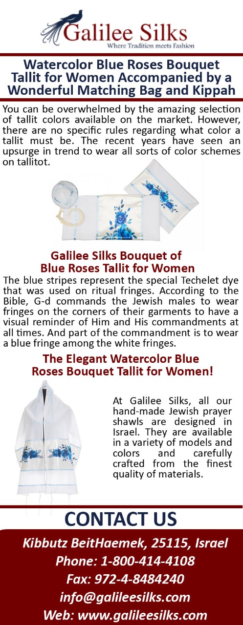 Watercolor Blue Roses Bouquet Tallit for Women Accompanied by a Wonderful Matching Bag and Kippah You can be overwhelmed by the amazing selection of tallit colors available on the market. For more details, visit: https://www.galileesilks.com/collections/womens-tallit-1 by amramrafi