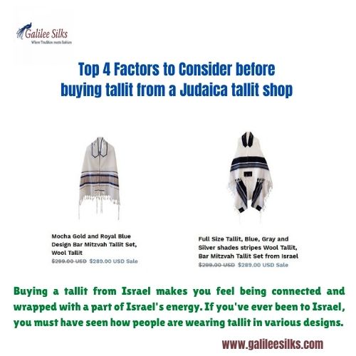 Top 4 Factors to Consider before buying tallit from a Judaica tallit shop.jpg Consider top requirements while visiting a tallit shop to buy tallit. Visit the leading Tallit manufacturer for custom-sized, high quality, unique tallit at a affordable price. For more details, visit this link: https://bit.ly/39y6EYi
 by amramrafi