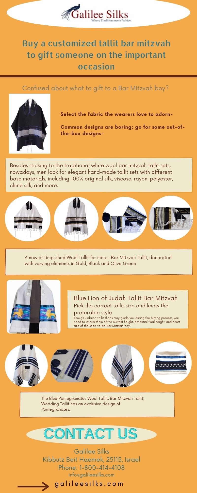 Buy a customized tallit bar mitzvah to gift someone on the important occasion Confused about what to gift to a Bar Mitzvah boy? Check out the exclusive collection of tallit bar Mitzvah at Galilee Silks online store. Place your customized order now. For more details, visit: https://www.galileesilks.com/collections/bar-mitzvah-tallit by amramrafi