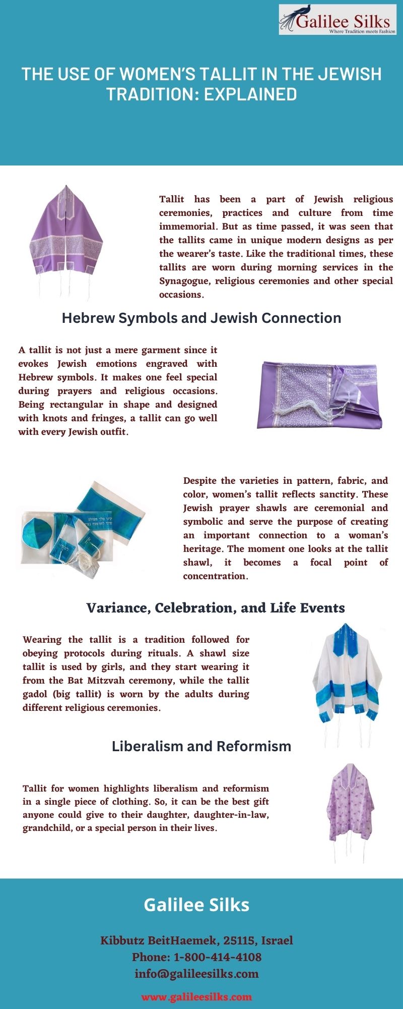 The use of Women’s Tallit in the Jewish tradition Explained Get high-quality and elegant women’s tallit made with delicate designs and beautiful colors from the magnificent collection of Galilee Silks. For more details, visit: https://www.galileesilks.com/collections/womens-tallit-1
 by amramrafi
