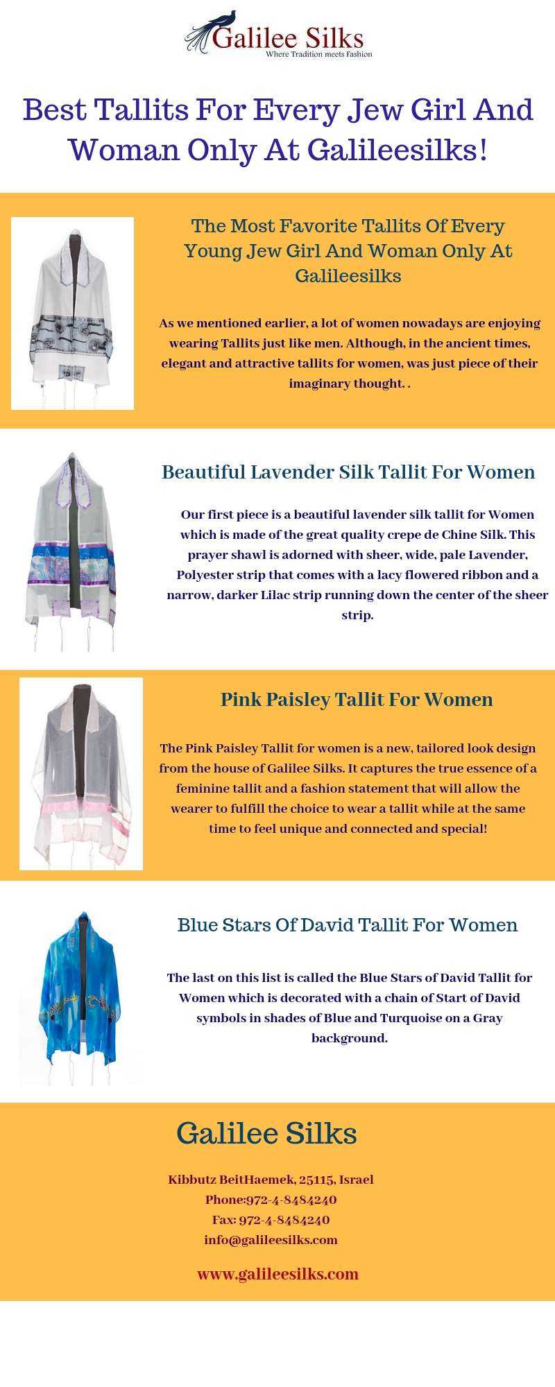 Best Tallits For Every Jew Girl And Woman Only At Galileesilks!(1).jpg With the increased numbers of women wearing Tallits nowadays, having a convenient store that specialize in Tallits for women can come real handy. For more details, visit this link: https://bit.ly/2Qw6tkY by amramrafi