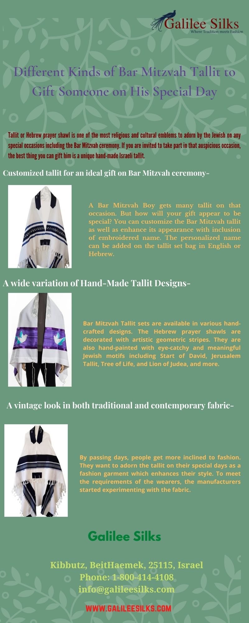 Different Kinds of Bar Mitzvah Tallit to Gift Someone on His Special Day Check out different variations of Bar Mitzvah Tallit you can gift someone on this special day. Visit Galilee Silk to get the high-quality silk tallit for Bar mitzvah boy. For more details, visit: https://bit.ly/3qYROAr
 by amramrafi