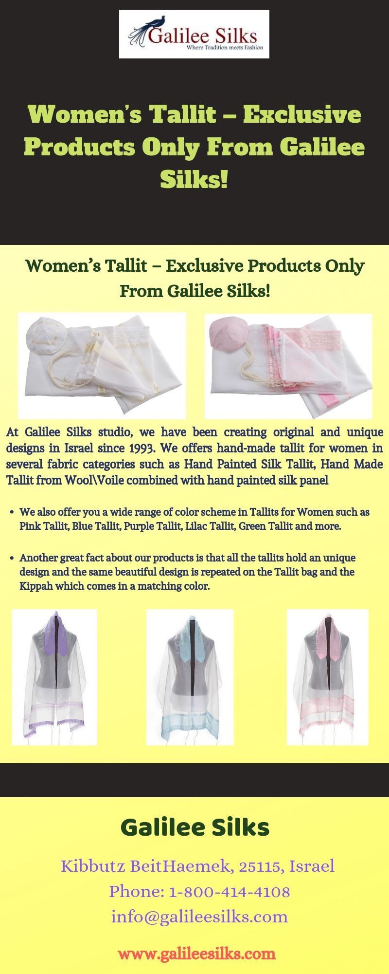 Women’s Tallit – Exclusive Products Only From Galilee Silks! There was a time when women were not allowed to wear tallit. Today, it has gained a lot of popularity. For more details, visit this link: https://bit.ly/346y4AM
 by amramrafi