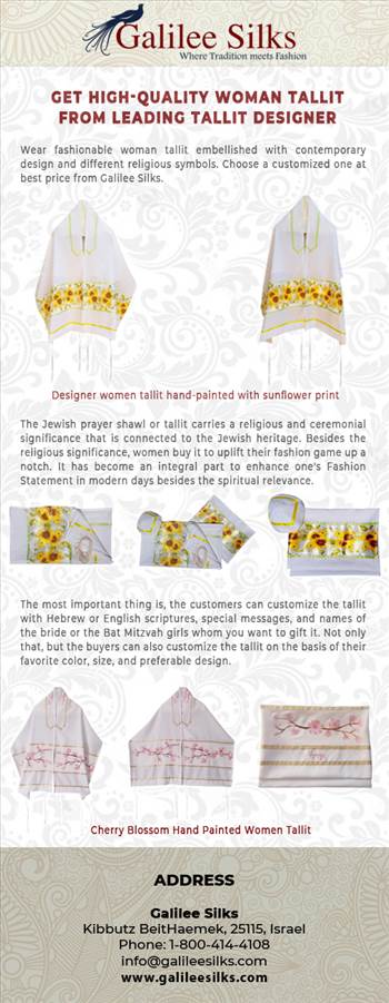 Get high-quality woman tallit from leading tallit designer - Wear fashionable woman tallit embellished with contemporary design and different religious symbols. For more details, visit: https://www.galileesilks.com/collections/womens-tallit-1