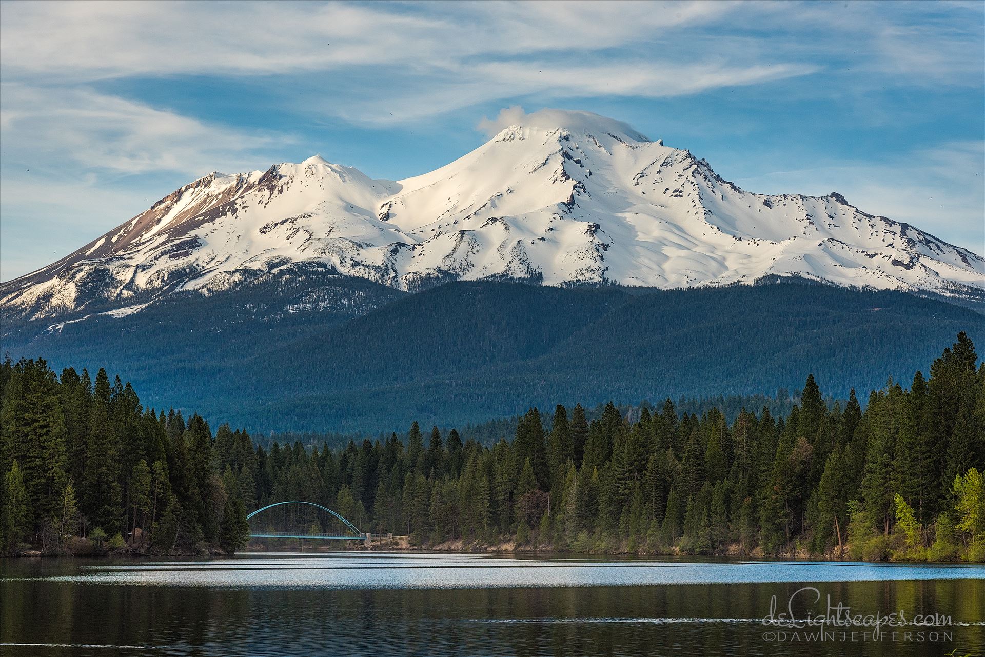 Mt Shasta from the Lake. Mt Shasta view and pedestrian footbridge from the lake by Dawn Jefferson