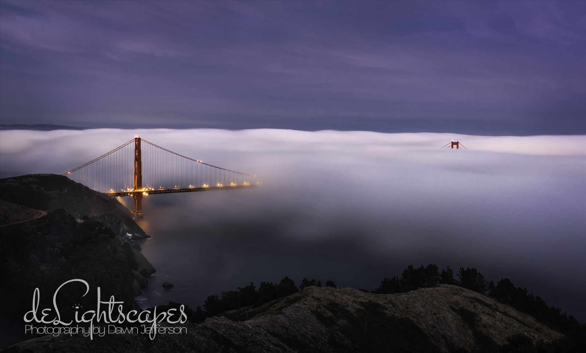 Twilight Fog Low fog engulfs the Golden Gate Bridge. by Dawn Jefferson
