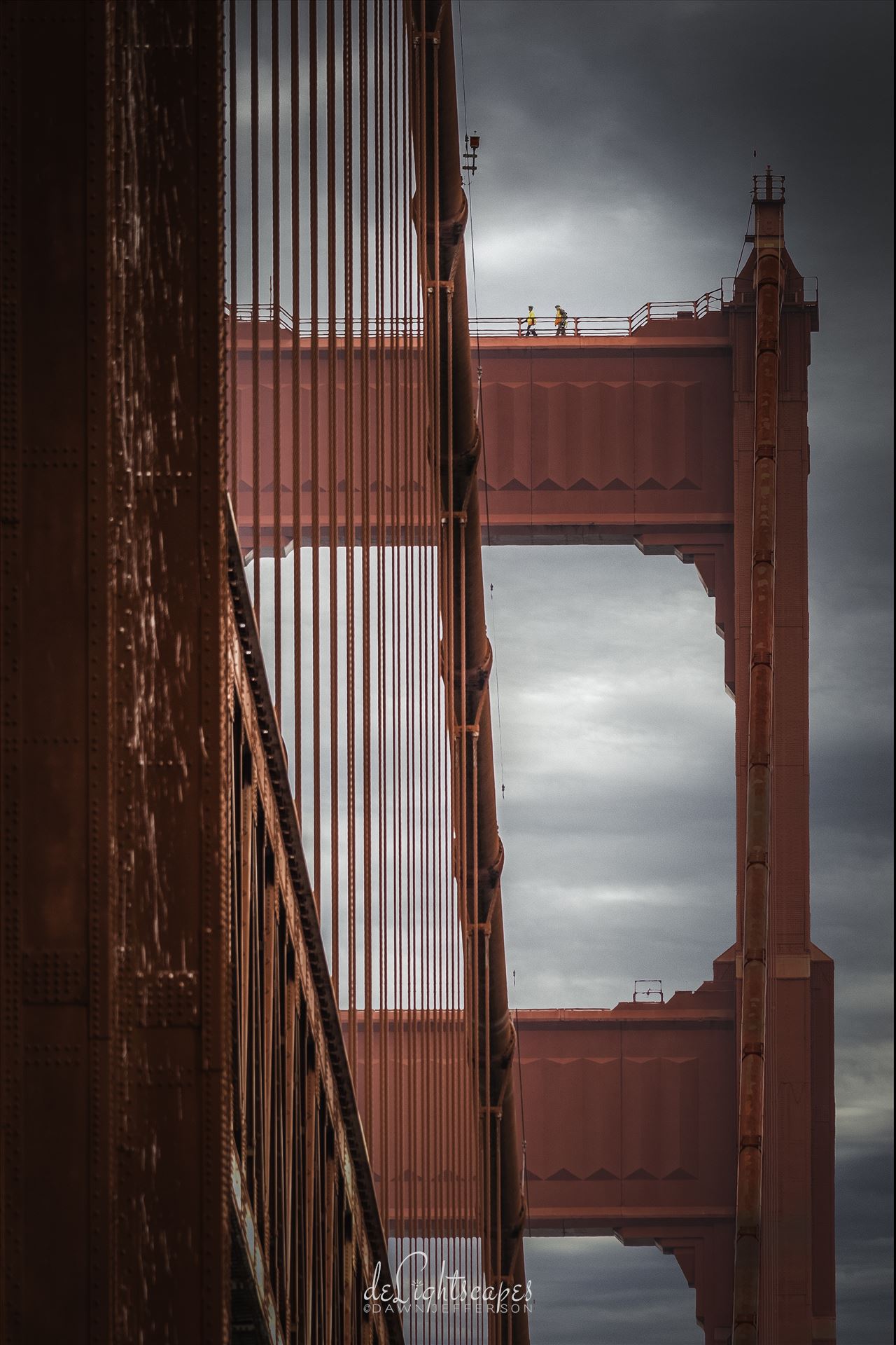 Hard Day's Work Two workers on top of the Golden Gate Bridge by Dawn Jefferson