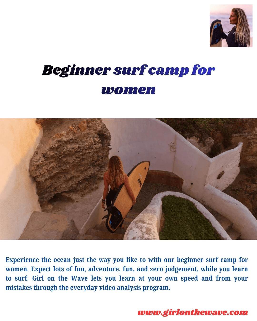 Beginner surf camp for women Experience the ocean just the way you like to with our beginner surf camp for women. Expect lots of fun, adventure, fun, and zero judgement, while you learn to surf. For more visit: https://www.girlonthewave.com/ by Girlonthewave