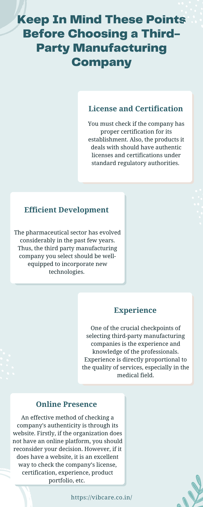 Keep In Mind These Points Before Choosing aThird-Party Manufacturing Company Third-party manufacturing companies playa crucial role in maintaining healthcare services. For example, large pharma companies anchor their trust and branding rights to these firms, which do proper justice by providing efficient services.  https://vibcare by vibcarepharma