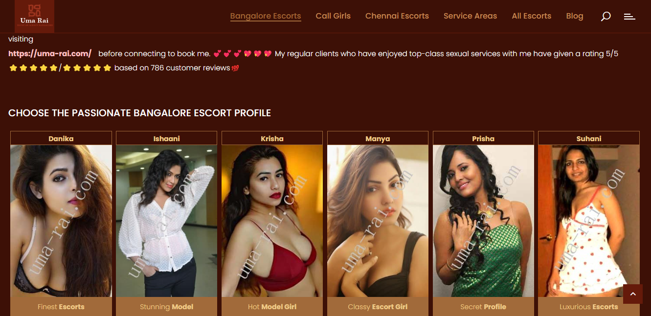 uma-rai.com Bangalore Escorts. Bangalore Call Girls +91  8105265087 here 100+ charming call girls ready for you Uma Rai Bangalore escorts is the most intriguing and alluring destination to satisfy your physical and emotional requirements. Your hot and entertaining fantasy will be translated into actual, delightful experiences. The girls will drive you insane, and t by umaraibangesc