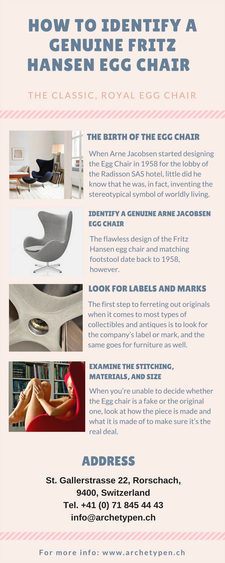 HOW TO IDENTIFY A GENUINE FRITZ HANSEN EGG CHAIR.jpg One of the most recognizable and iconic pieces of furniture in Danish design history, Arne Jacobsen's classic Egg Chair has earned a place in the heart of many. Learn how to tell it’s not a fake.  
https://goo.gl/SaN1M5 by archetypen