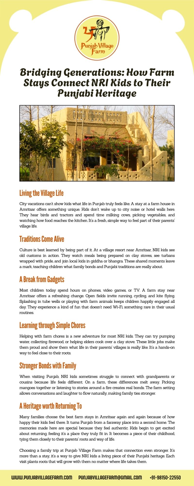 Bridging Generations How Farm Stays Connect NRI Kids to Their Punjabi Heritage.jpg Read about Bridging Generations How Farm Stays Connect NRI Kids to Their Punjabi Heritage in the given infographic and get more information at: https://punjabvillagefarm.com. by punjabvillagefarm