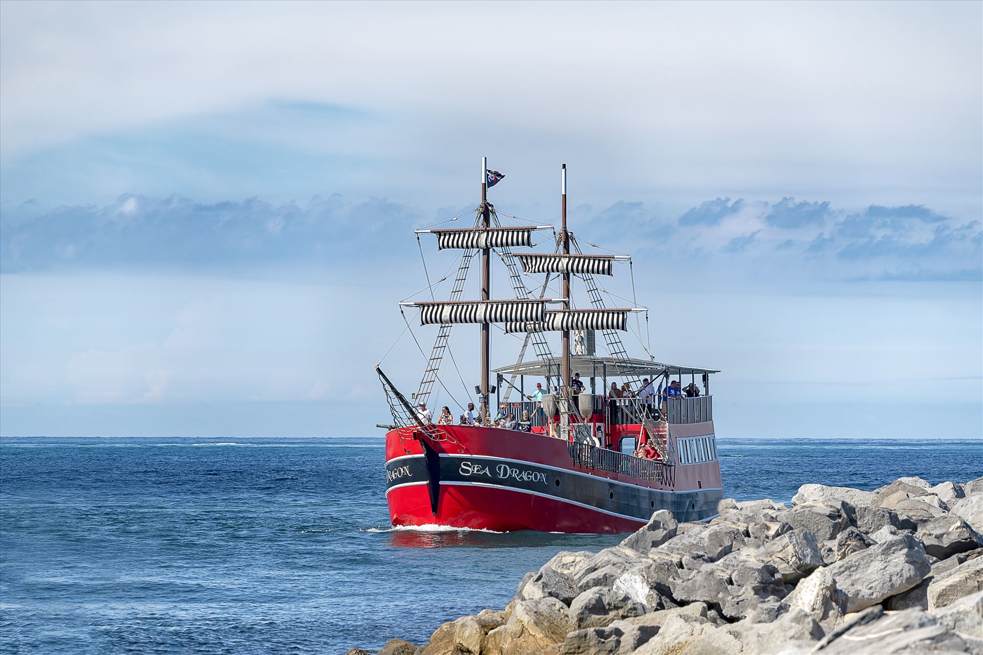 sea dragon pirate ship at the jetties st. andrews state park 8500316.jpg The Sea Dragon pirate ship coming from the gulf of mexico through the jetties at Panama City, Florida by Terry Kelly Photography