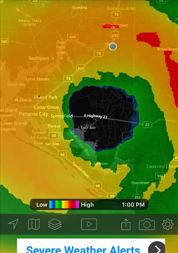 F6A95790-C7C1-4D2E-BE3B-8A9A04694BBD.jpeg - The eye of hurricane Michael. The blue dot is our house, eye came right over our house.