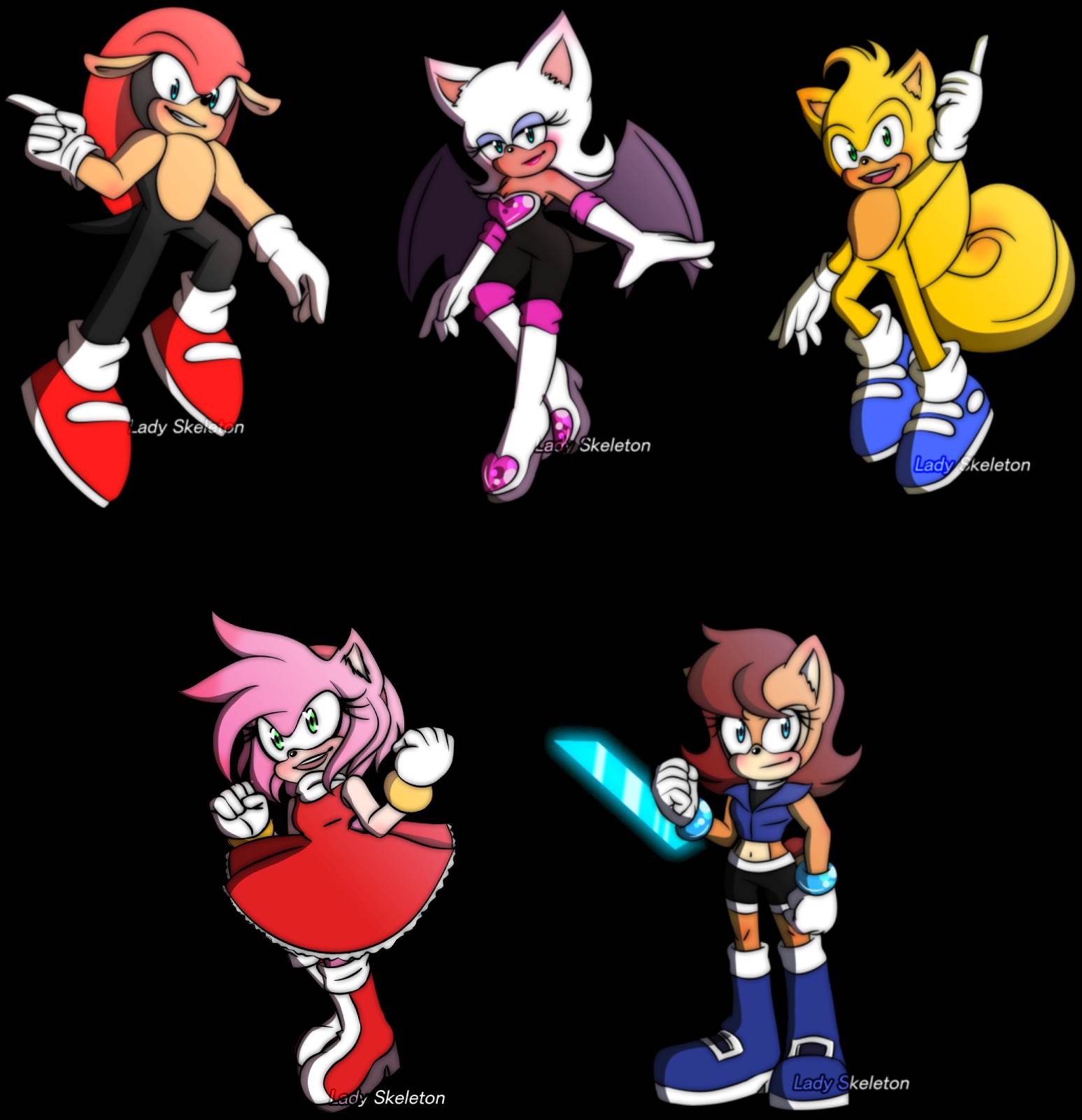 Amy, Sally, Mighty, Ray and Rouge as supported characters in early 2020 shows.png  by shwapneel1999