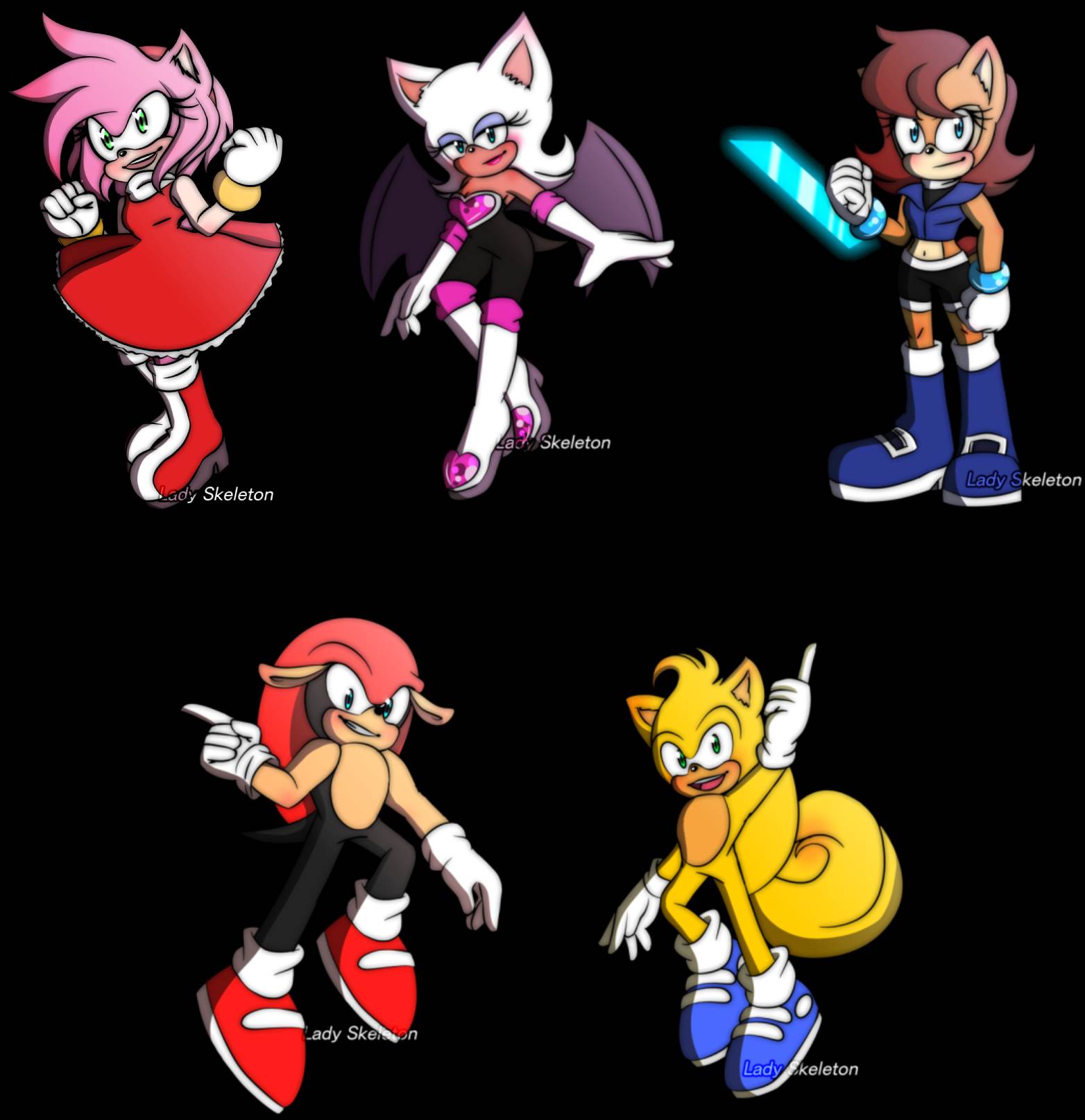 Amy, Sally, Mighty, Ray and Rouge as supported characters in early 2020 stories.png  by shwapneel1999