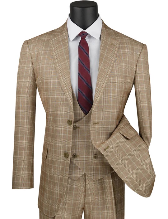 01-Buy now- Men's Camel Tan Plaid 3 Piece Suit Low Cut Vest V2RW-7.jpg  by SuitSecret