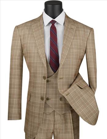 01-Buy now- Men\u0027s Camel Tan Plaid 3 Piece Suit Low Cut Vest V2RW-7.jpg - 