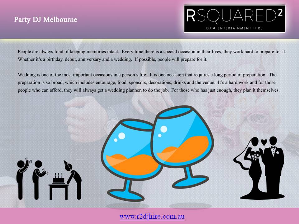 Party DJ Melbourne Rsquared Entertainment offer party DJ, professional wedding entertainment, coupled with first-class service. You can hire party DJ in Melbourne. Rsquared2 co-ordinate with your caterers, photographer, videographer. For more at https://www.r2djhire.com.au by RSQUARED2