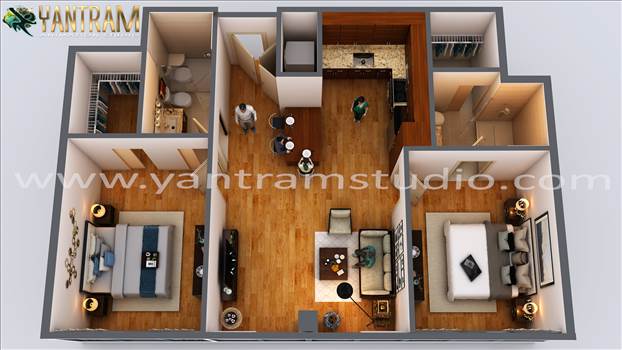 This 3d floor plan Ahmedabad has a living room, 2 master bedrooms, balcony & kitchen. This 3d floor plan design of Residential Apartment with 2 master bedrooms features bed, furniture ,bathroom , living room with sofa, table,  tv by by architectural model