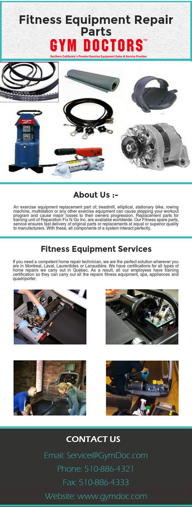 Fitness Equipment Repair We have the lowest prices in the Fitness equipment repair service we carry, and we gaurantee it. we repair any and all exercise and fitness equipment and specialize in cardio equipment repair service. For more info at https://www.gymdoc.com/ by gymdoctors