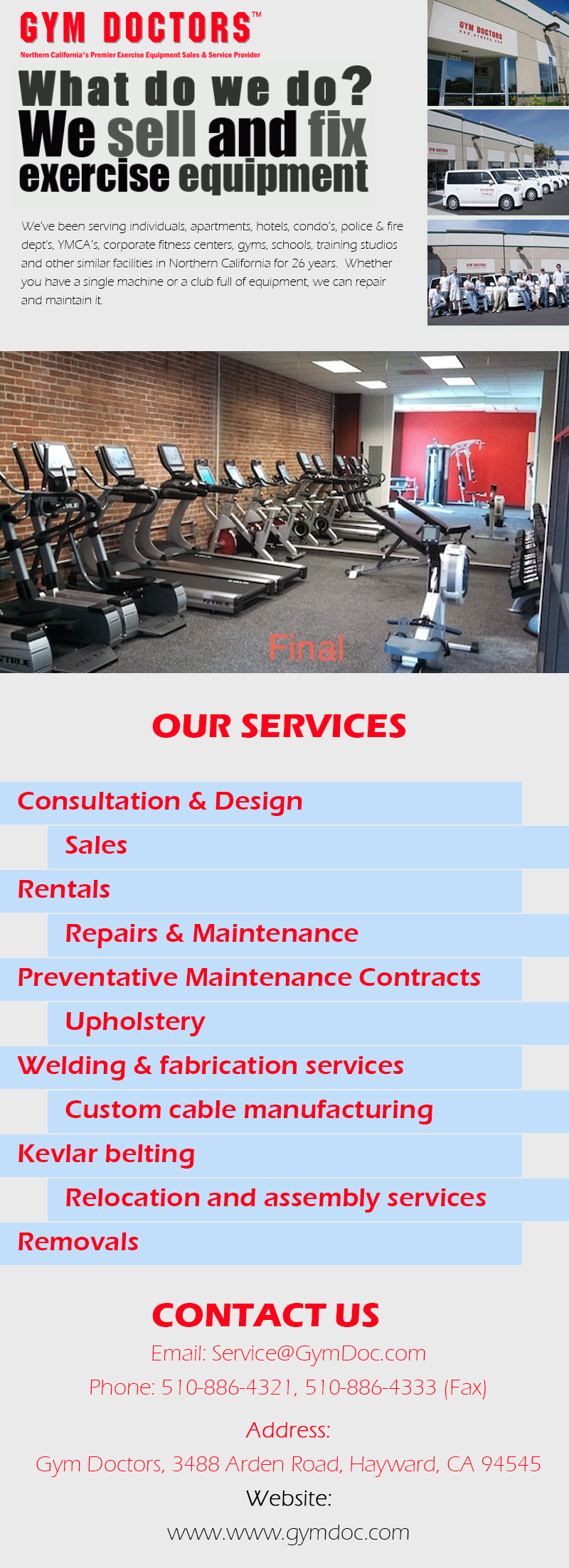 Fitness Equipment Service We’re a full fitness equipment repair service shop, on-site factory authorized service provider and parts dealer. For more info at https://www.gymdoc.com by gymdoctors