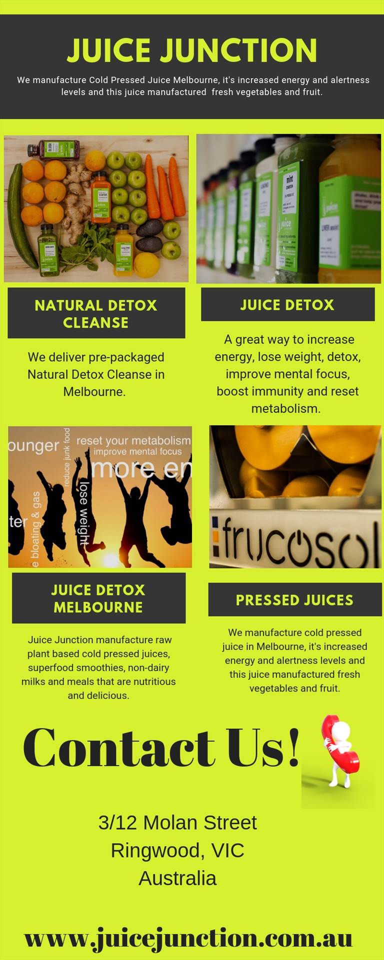 Juice Junction We manufacture Cold Pressed Juice Melbourne, it's increased energy and alertness levels and this juice manufactured  fresh vegetables and fruit. 
Website: https://www.juicejunction.com.au/ by Juicejunction