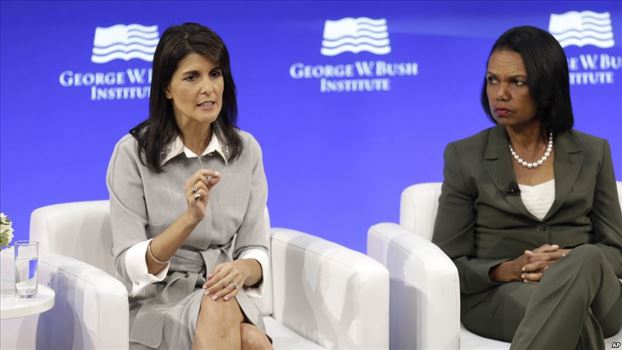 9571936F-A206-4AF5-BA7D-3FBD548B2C3A_cx0_cy15_cw87_w1023_r1_s.jpg - نیکی هیلی سفیر آمریکا در سازمان ملل در کنار کاندولیزا رایس وزیر خارجه دولت جرج بوش